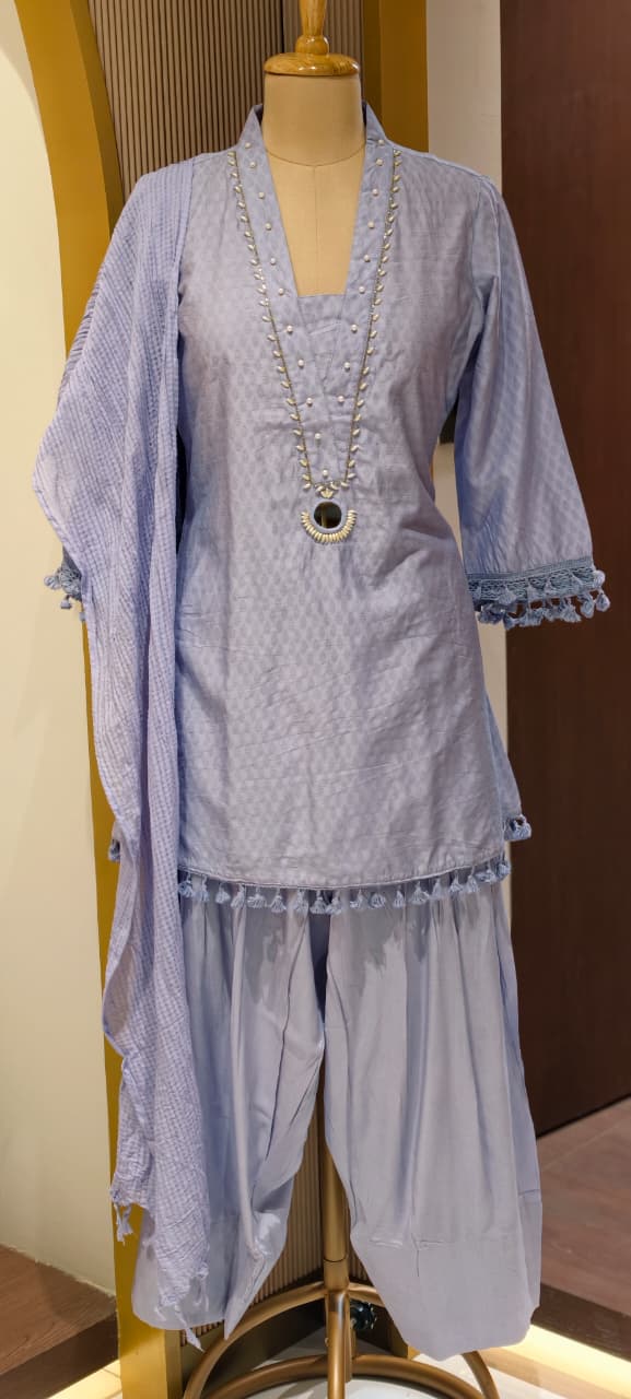 Very Smart & Elegant Soft Look A-Line Short Kurta With Farshi Bottom & Dupatta In Glaze Cotton Fabric- 13492