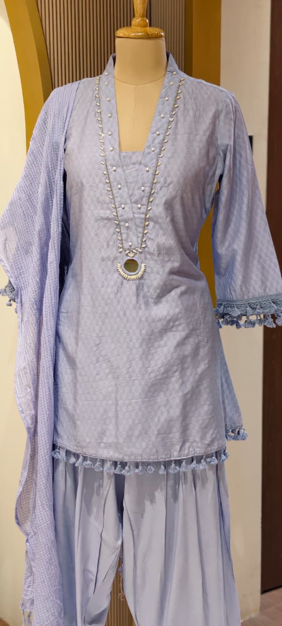 Very Smart & Elegant Soft Look A-Line Short Kurta With Farshi Bottom & Dupatta In Glaze Cotton Fabric- 13492