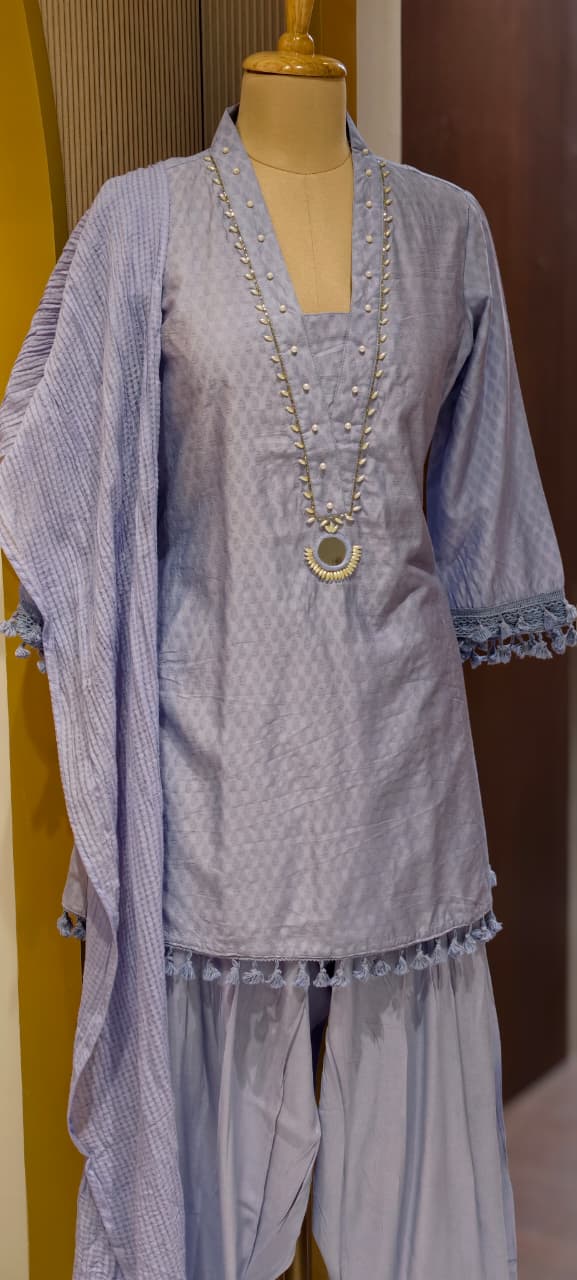 Very Smart & Elegant Soft Look A-Line Short Kurta With Farshi Bottom & Dupatta In Glaze Cotton Fabric- 13492