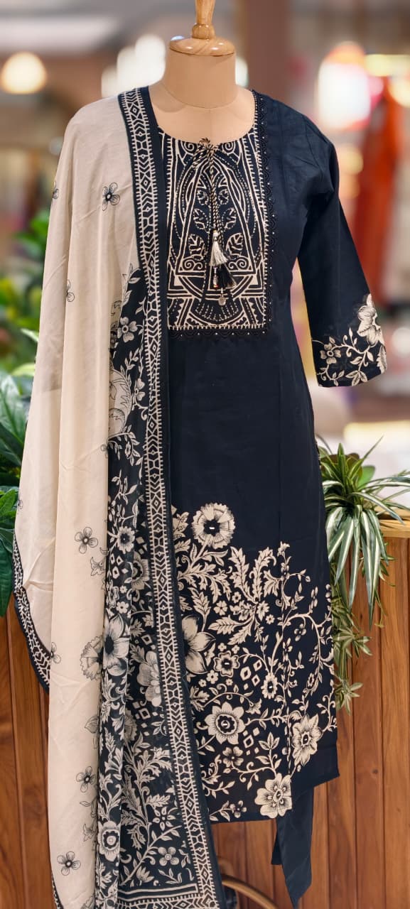 Beautiful Attractive Placement Print Cotton Full Suit Set With Dupatta- 13514