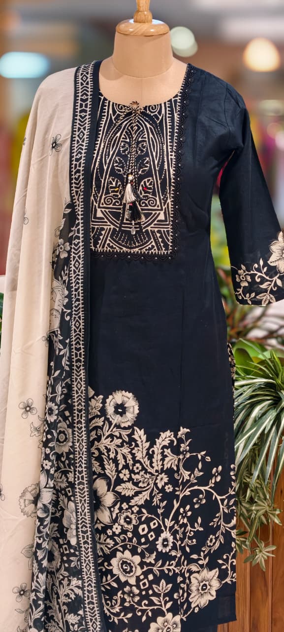 Beautiful Attractive Placement Print Cotton Full Suit Set With Dupatta- 13514