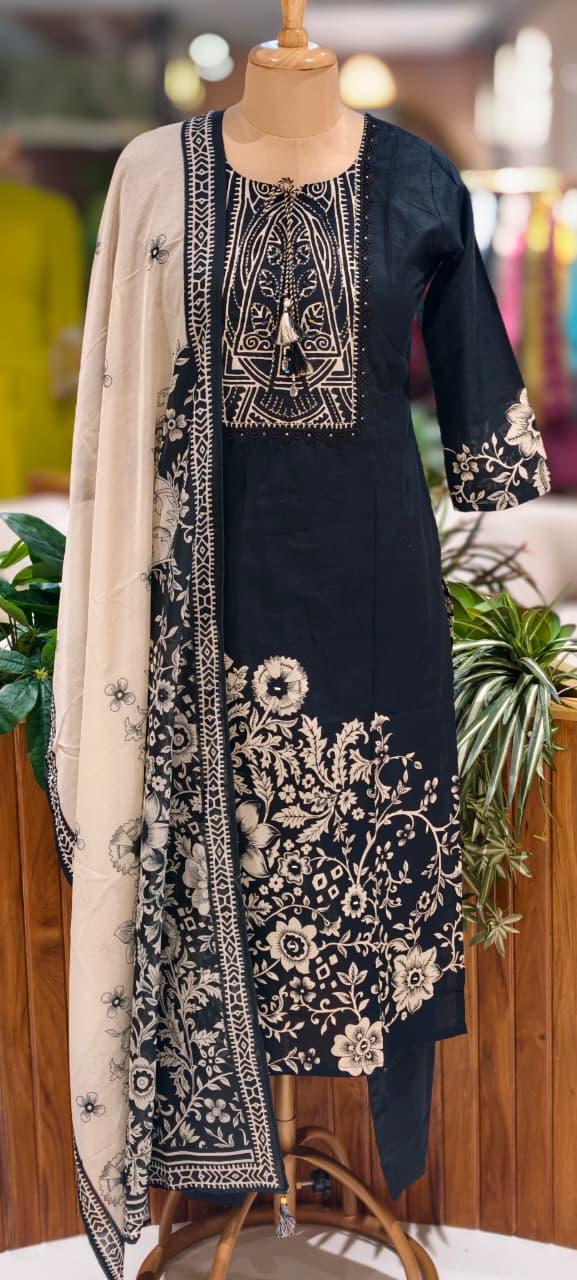 Beautiful Attractive Placement Print Cotton Full Suit Set With Dupatta- 13514