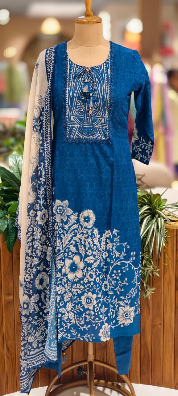 Beautiful Attractive Placement Print Cotton Full Suit Set With Dupatta- 13514