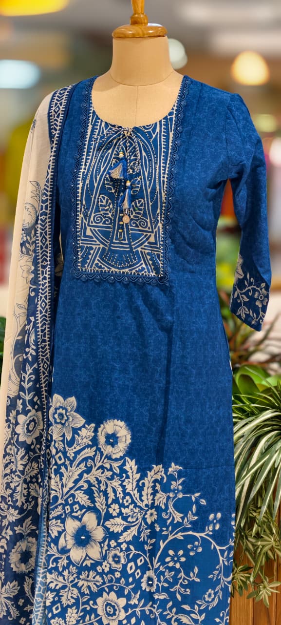 Beautiful Attractive Placement Print Cotton Full Suit Set With Dupatta- 13514