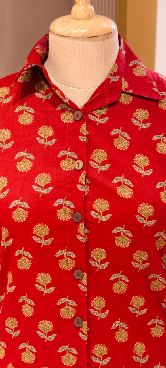 Pure Cotton Collared Printed Short Length Kurta With Cowl Style Skirt- 13494