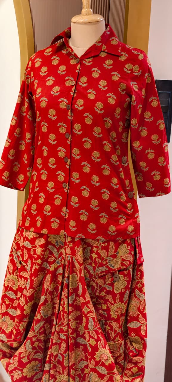 Pure Cotton Collared Printed Short Length Kurta With Cowl Style Skirt- 13494