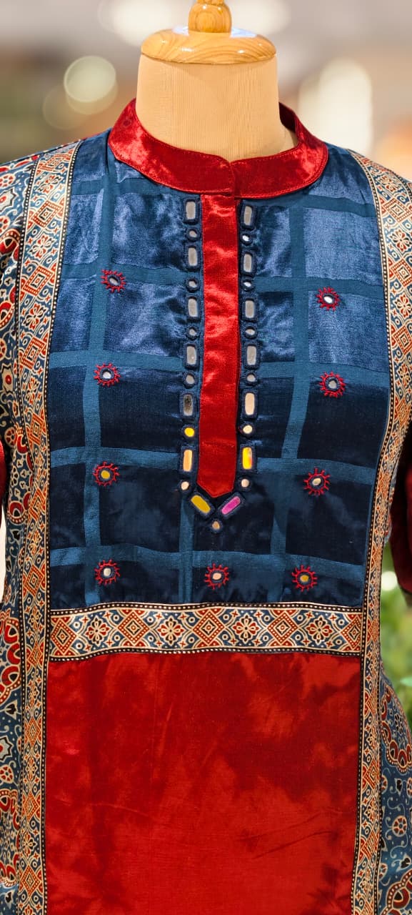 Mirror Work Cobalt Stripe Printed Gajji Silk A-Line Long Kurti Only With Side Pockets