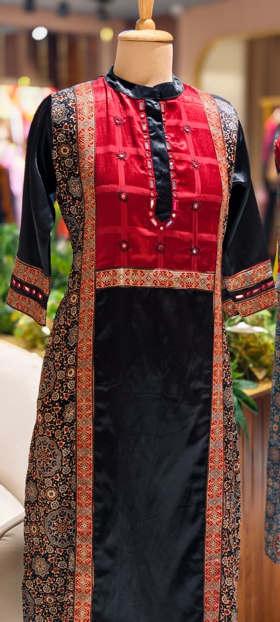 Mirror Work Cobalt Stripe Printed Gajji Silk A-Line Long Kurti Only With Side Pockets