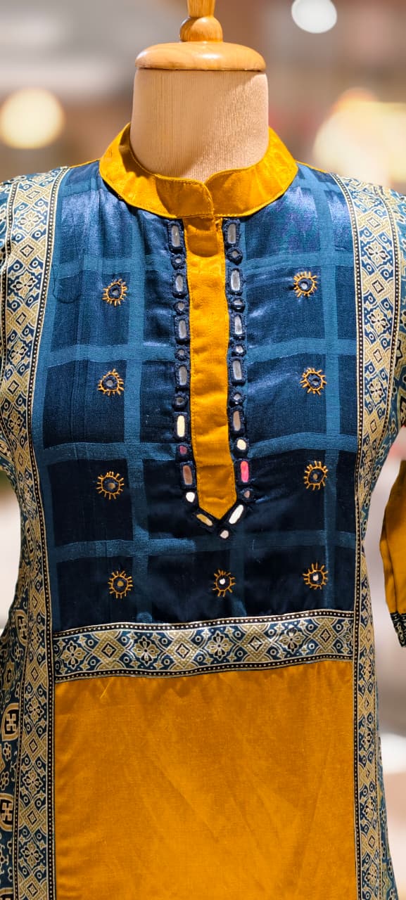 Mirror Work Cobalt Stripe Printed Gajji Silk A-Line Long Kurti Only With Side Pockets