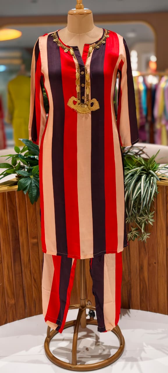 Striking Striped Bold Contemporary Neck Piece Look Kurta With Matching Bottom Set In Modal Satin Fabric- 13483