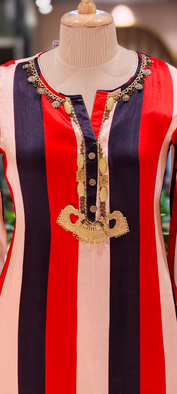 Striking Striped Bold Contemporary Neck Piece Look Kurta With Matching Bottom Set In Modal Satin Fabric- 13483