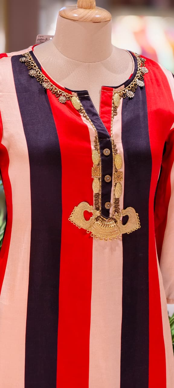 Striking Striped Bold Contemporary Neck Piece Look Kurta With Matching Bottom Set In Modal Satin Fabric- 13483