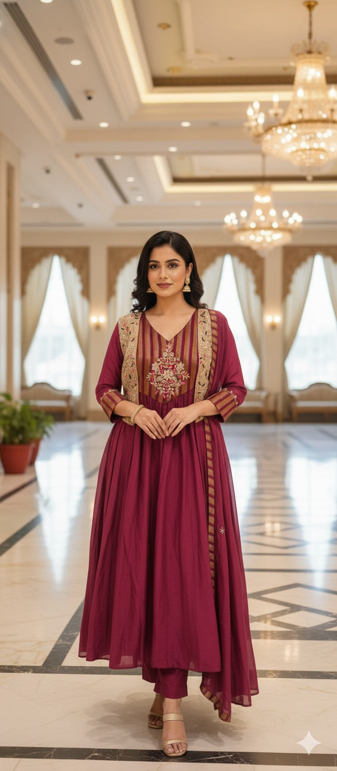 Royal Blush Banarasi Mul Chanderi Floral Ensemble A-Line Full Suit Set With Dupatta- 13449