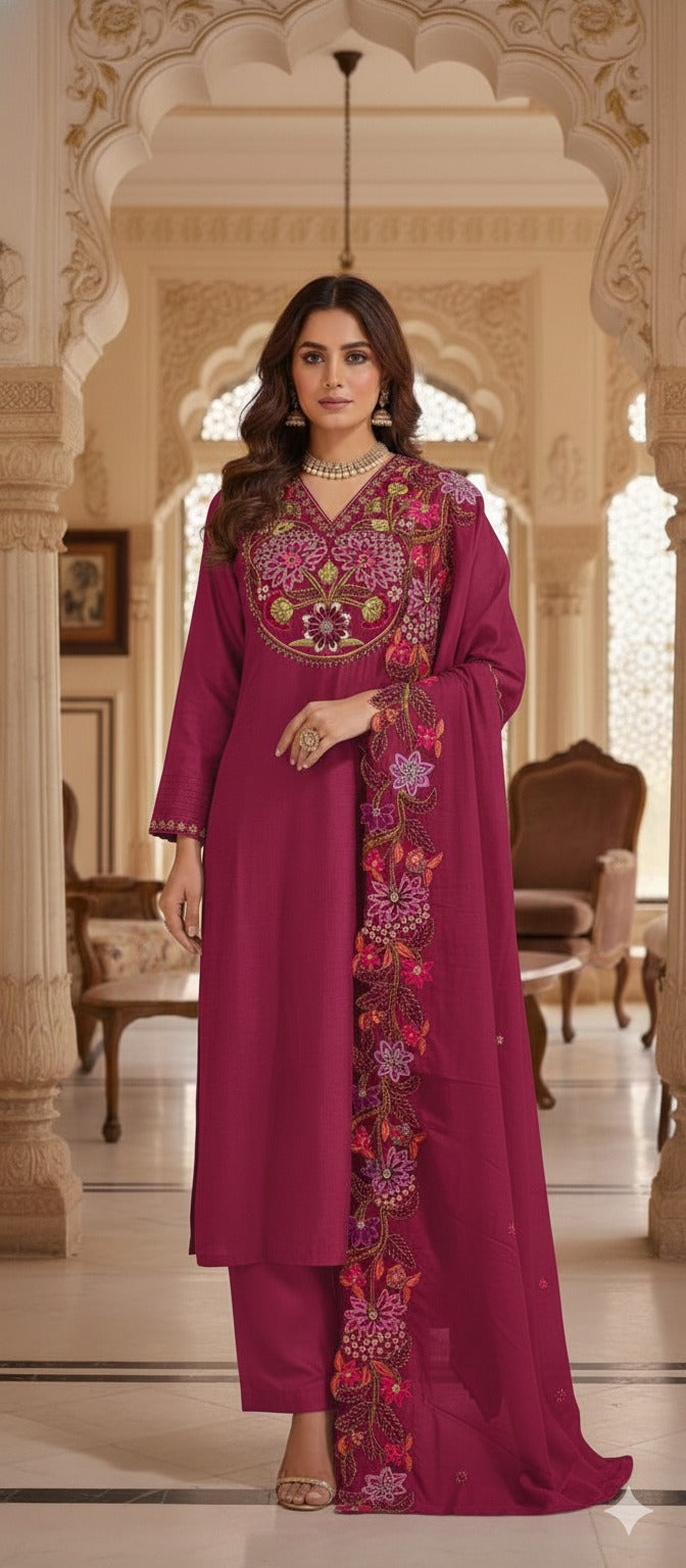 Floral Blossom Accents Embroidery Scalloped Lace Hemline A-Line Full Suit With Dupatta In Dola Silk Fabric- 13448
