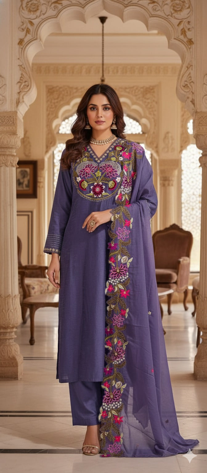 Floral Blossom Accents Embroidery Scalloped Lace Hemline A-Line Full Suit With Dupatta In Dola Silk Fabric- 13448