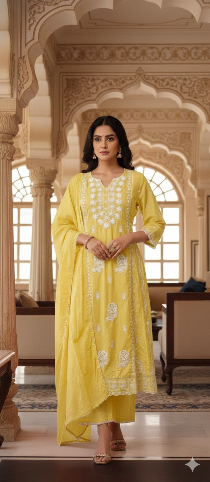 Pure Thread Embroidery Chikankari Anarkali Full Suit Set With Dupatta In Cotton Fabric-13506