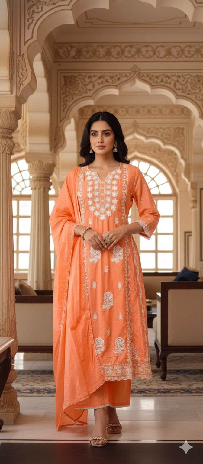 Pure Thread Embroidery Chikankari Anarkali Full Suit Set With Dupatta In Cotton Fabric-13506