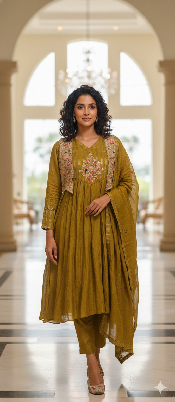 Royal Blush Banarasi Mul Chanderi Floral Ensemble A-Line Full Suit Set With Dupatta- 13449