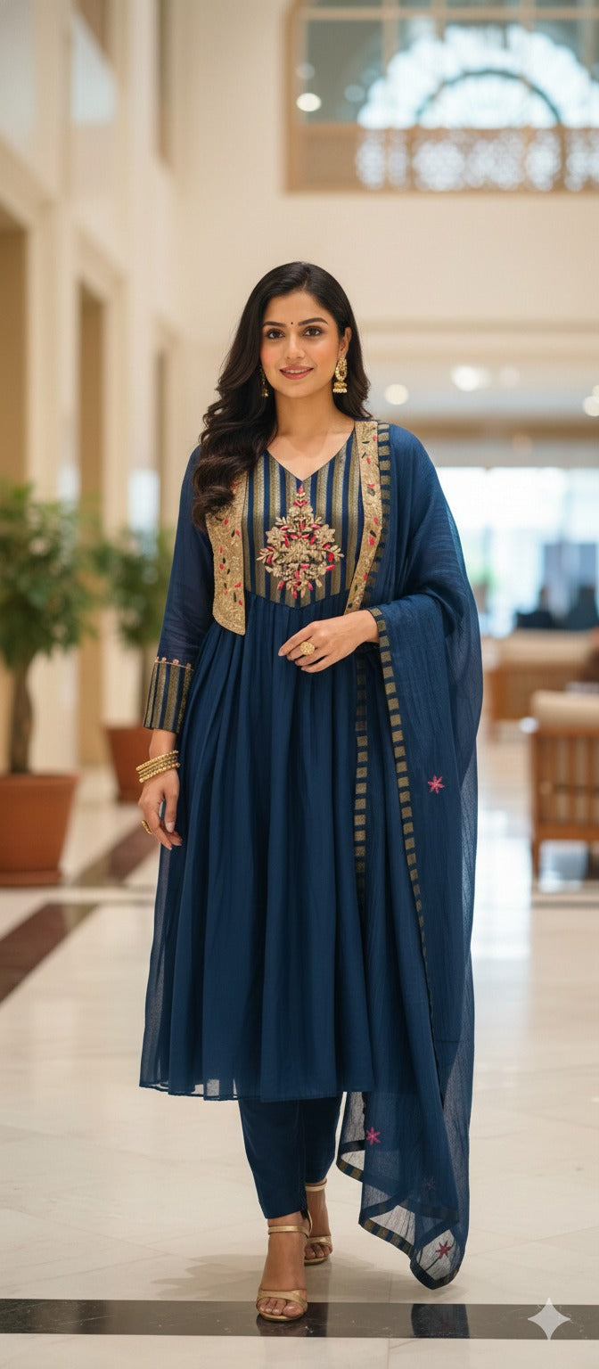 Royal Blush Banarasi Mul Chanderi Floral Ensemble A-Line Full Suit Set With Dupatta- 13449