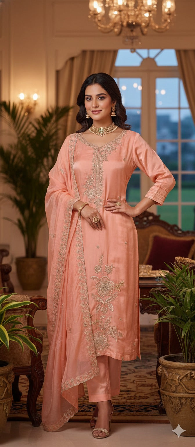 Elegant Pearl Embroidery Pastel Full Suit Set With Dupatta In Crepe Fabric-13498