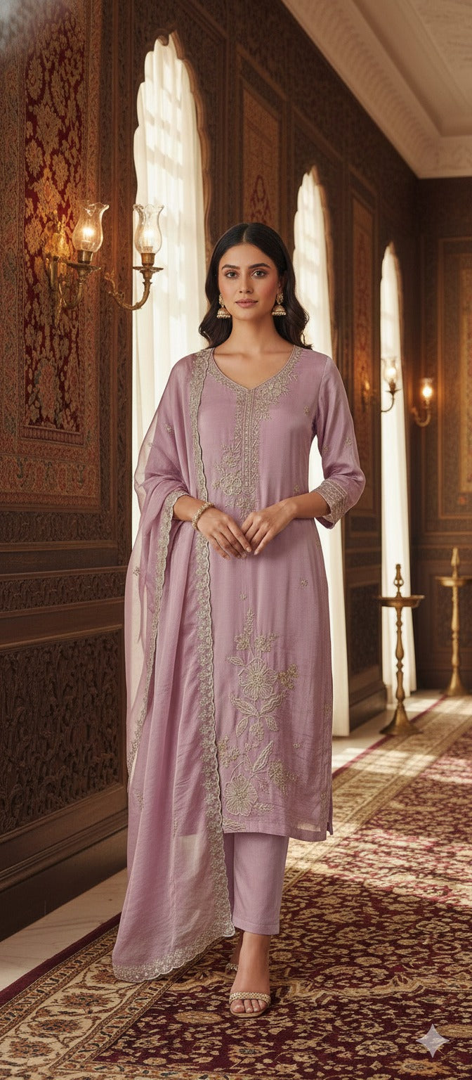 Elegant Pearl Embroidery Pastel Full Suit Set With Dupatta In Crepe Fabric-13498