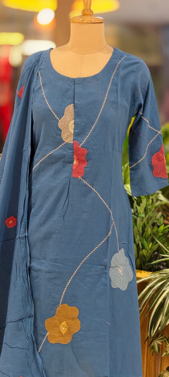 Delicate Floral Appliqué With Linear Contrast Embroidery Cotton Full Suit Set With Dupatta