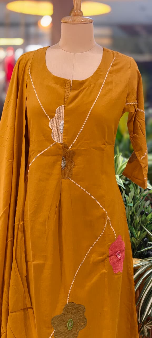 Delicate Floral Appliqué With Linear Contrast Embroidery Cotton Full Suit Set With Dupatta