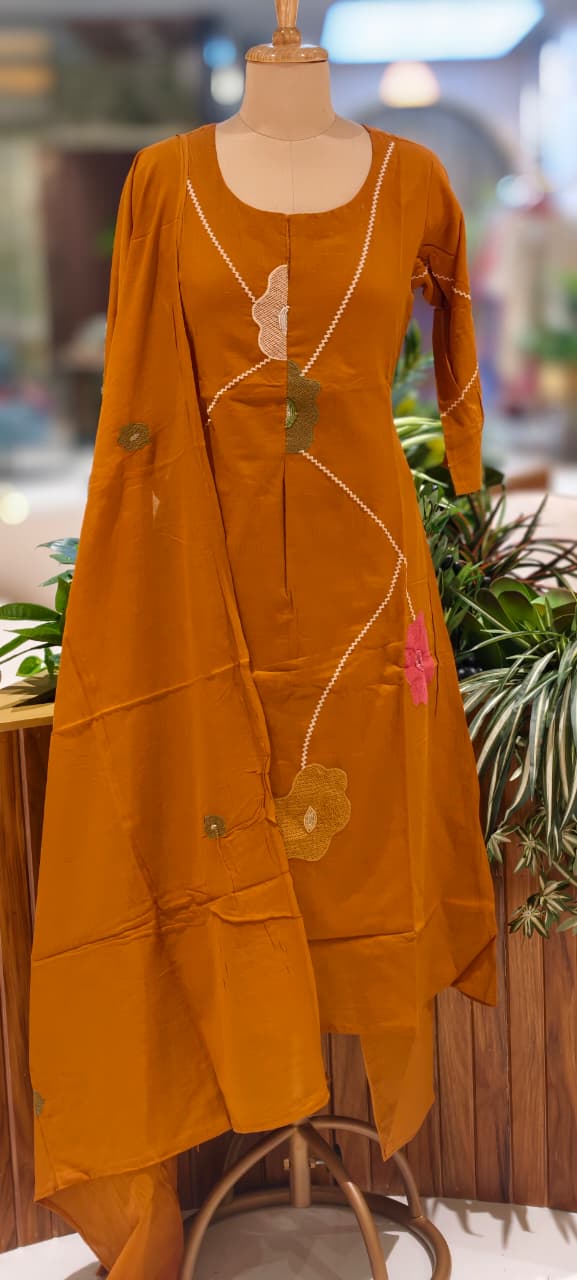 Delicate Floral Appliqué With Linear Contrast Embroidery Cotton Full Suit Set With Dupatta