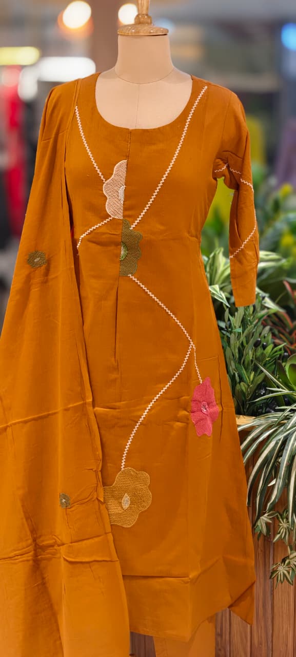 Delicate Floral Appliqué With Linear Contrast Embroidery Cotton Full Suit Set With Dupatta