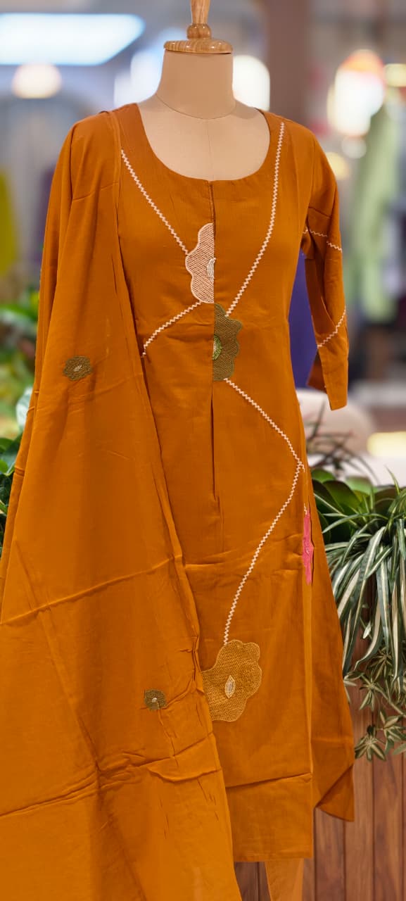 Delicate Floral Appliqué With Linear Contrast Embroidery Cotton Full Suit Set With Dupatta