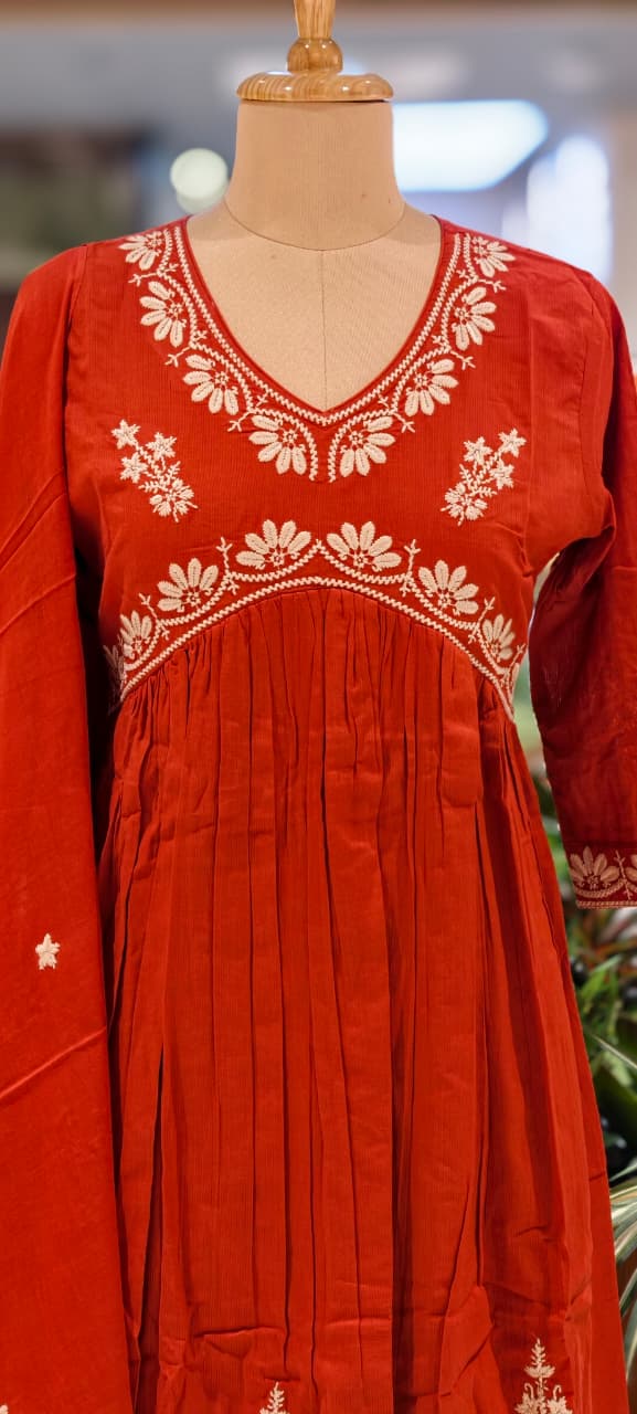Alia Cut Rich Thread Embroidery Solid A-Line Full Suit Set With Dupatta In Cotton Fabric