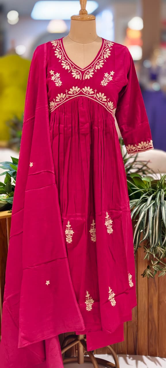 Alia Cut Rich Thread Embroidery Solid A-Line Full Suit Set With Dupatta In Cotton Fabric