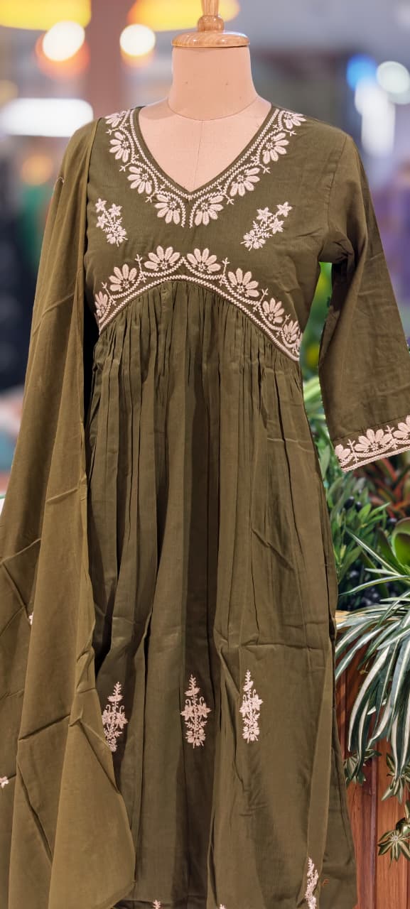 Alia Cut Rich Thread Embroidery Solid A-Line Full Suit Set With Dupatta In Cotton Fabric