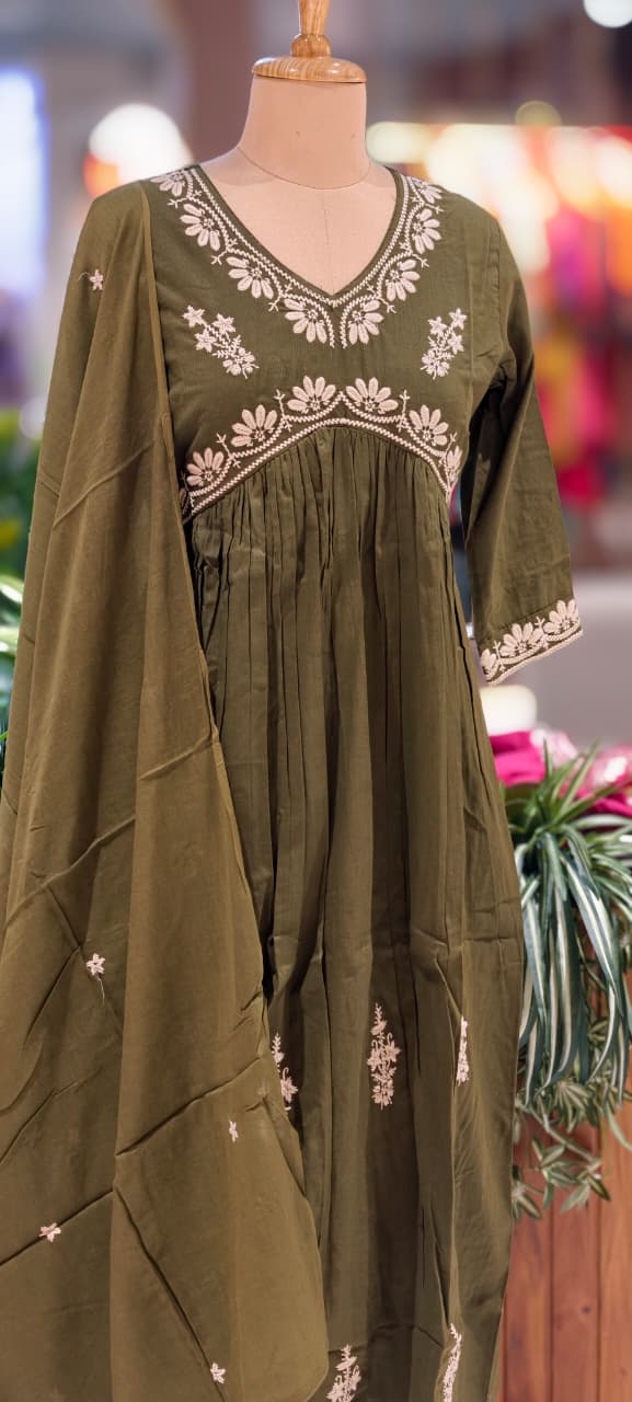 Alia Cut Rich Thread Embroidery Solid A-Line Full Suit Set With Dupatta In Cotton Fabric