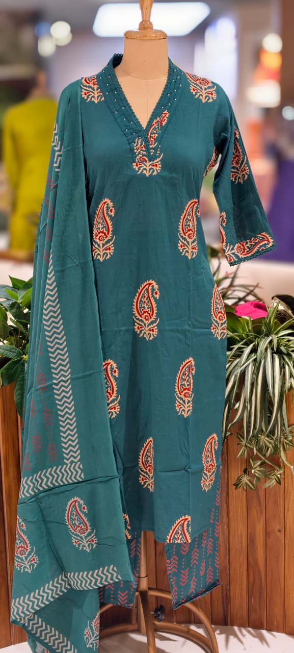 Zinnia Mango Buti Print Matching Full Suit Set With Dupatta In Cotton Fabric