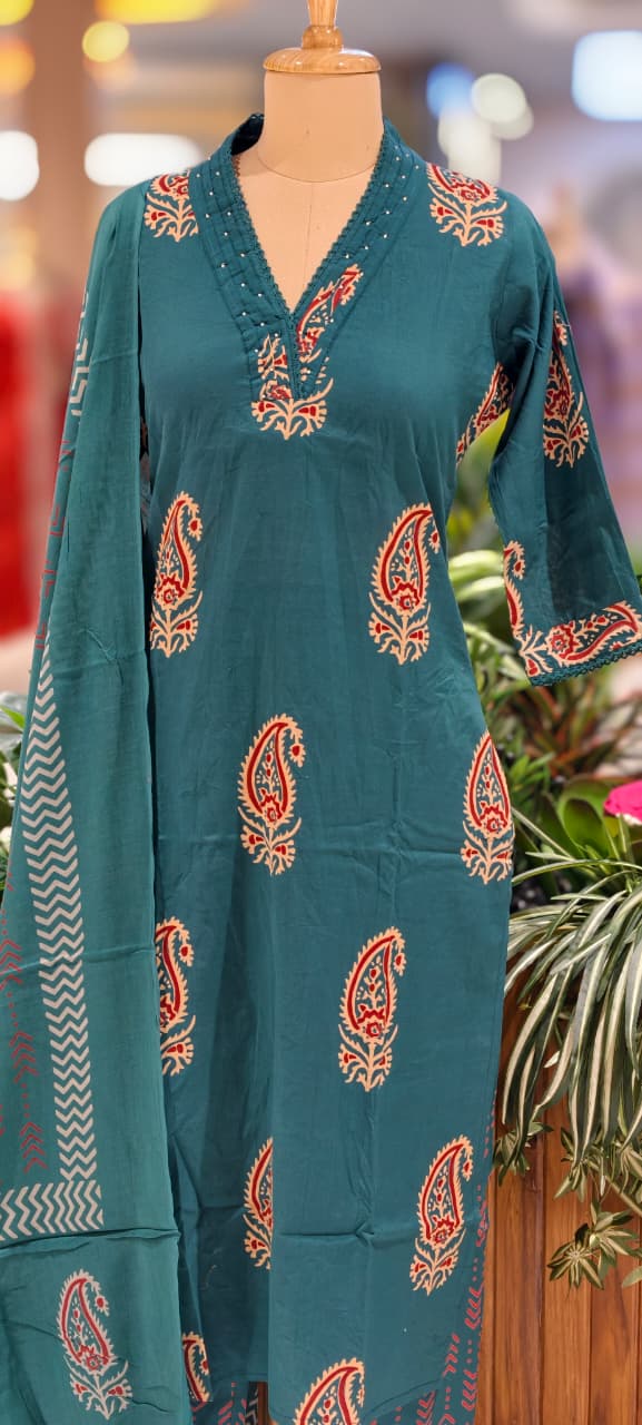 Zinnia Mango Buti Print Matching Full Suit Set With Dupatta In Cotton Fabric