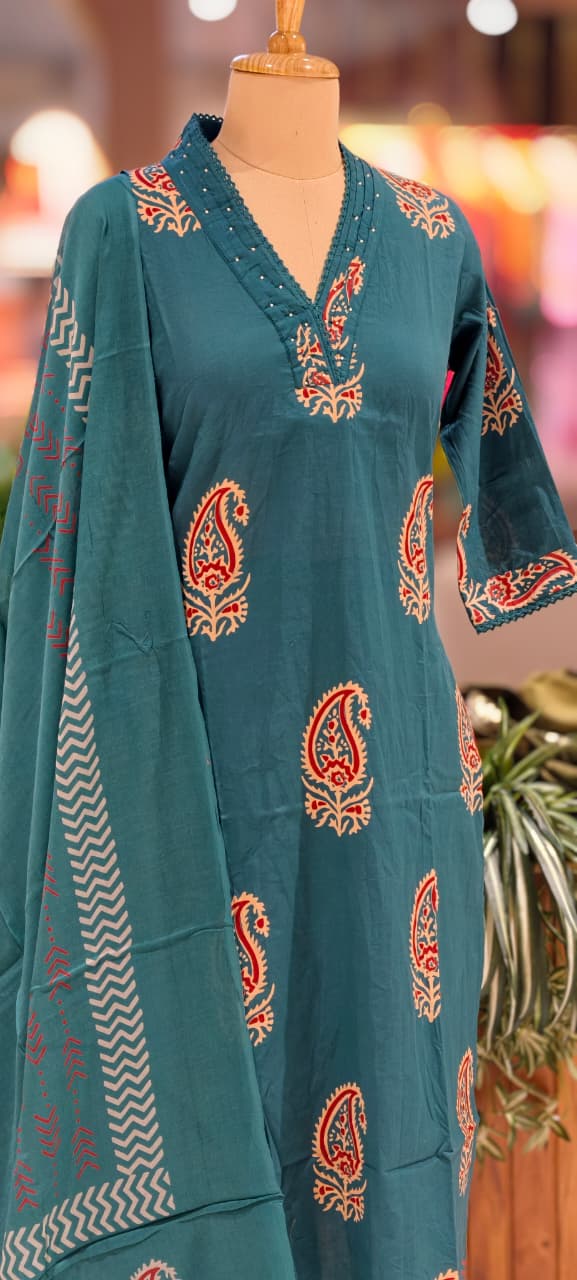 Zinnia Mango Buti Print Matching Full Suit Set With Dupatta In Cotton Fabric