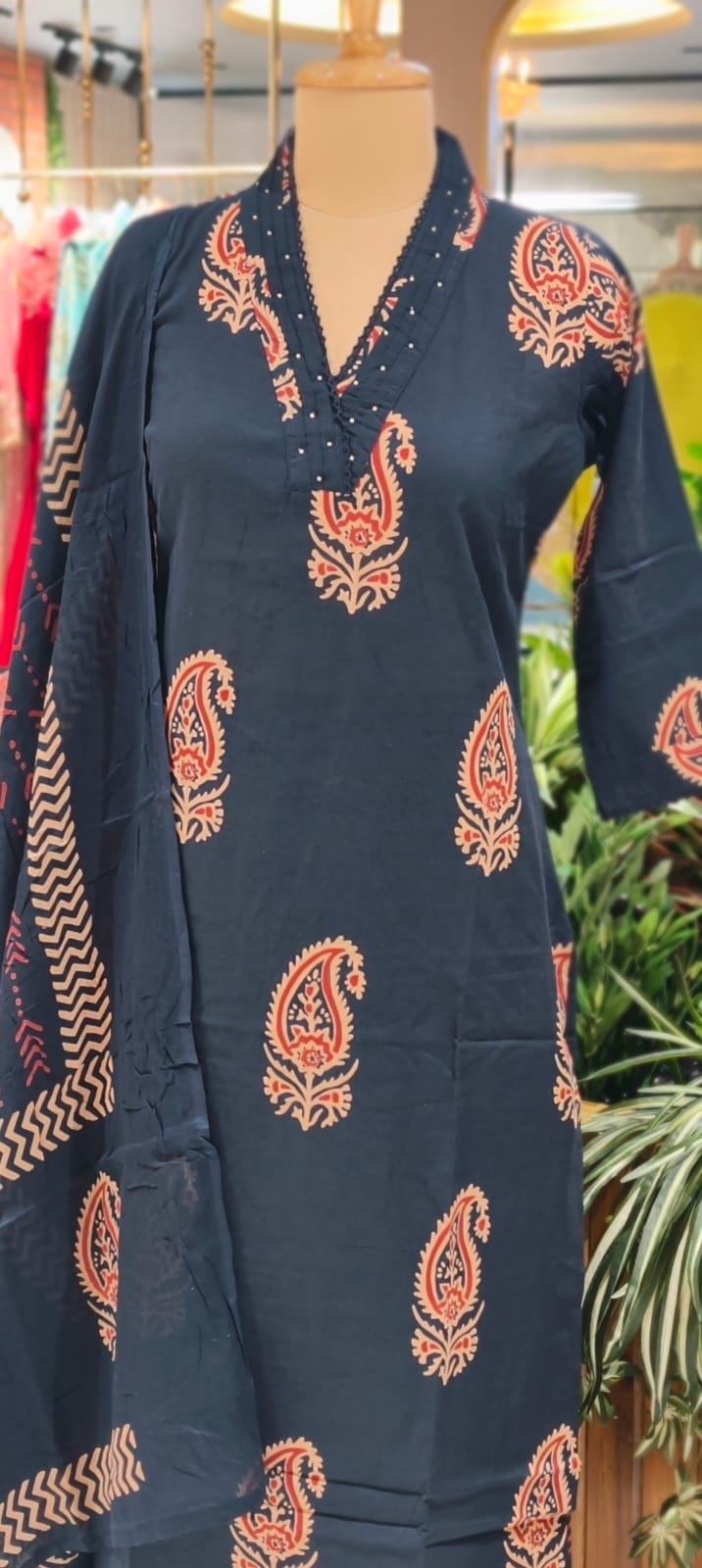 Zinnia Mango Buti Print Matching Full Suit Set With Dupatta In Cotton Fabric