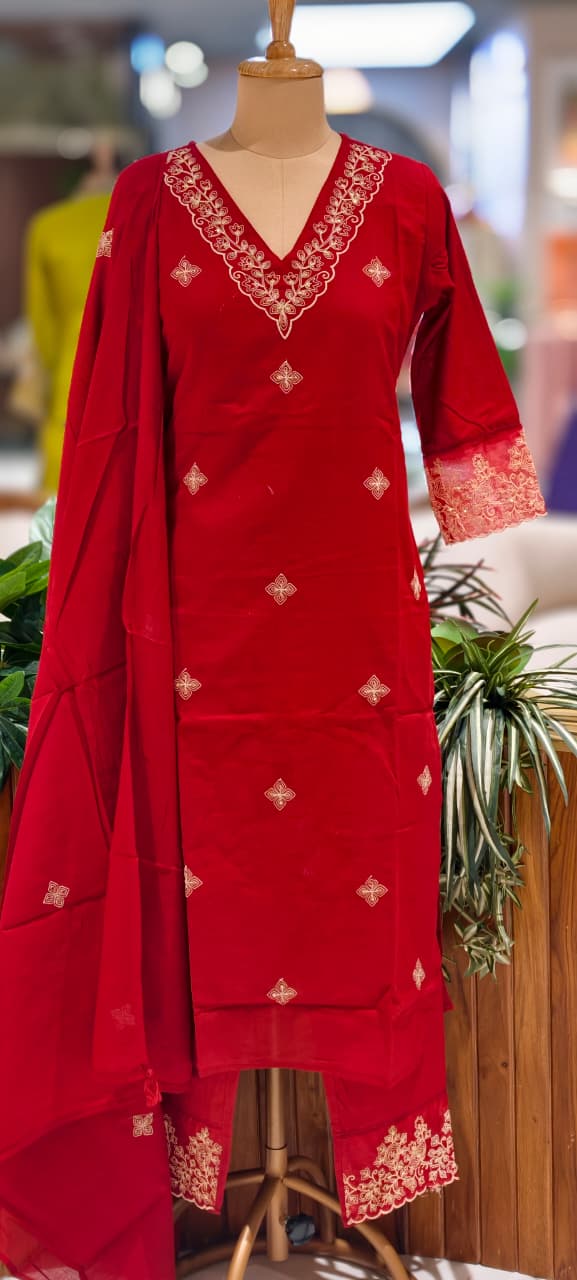 Ethereal Embroidered 3-Piece Set Kurta With Matching Trousers & Coordinated Dupatta