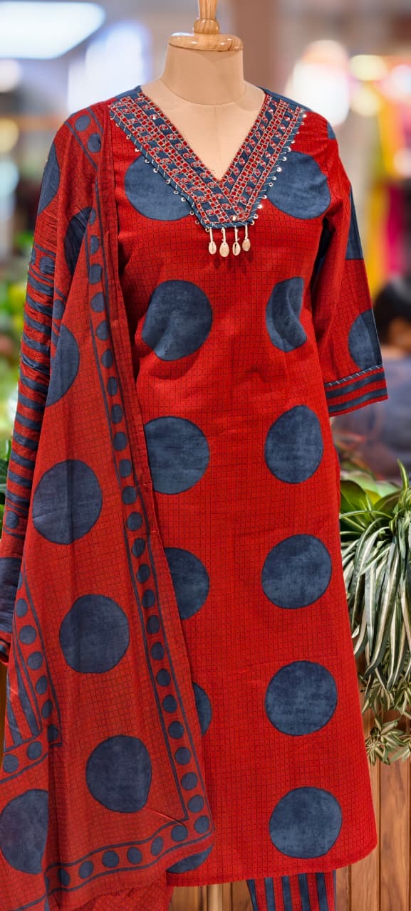 Beautiful Neck Line Coin Tassels Rounded Print Cotton Full Suit Set With Dupatta- 13482