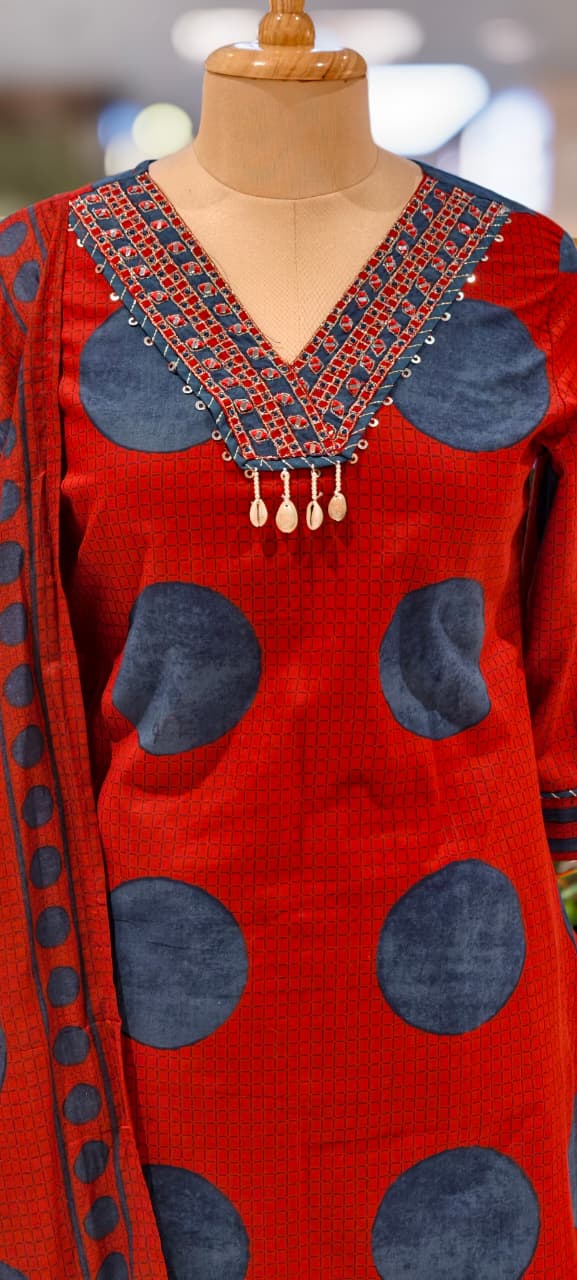 Beautiful Neck Line Coin Tassels Rounded Print Cotton Full Suit Set With Dupatta- 13482