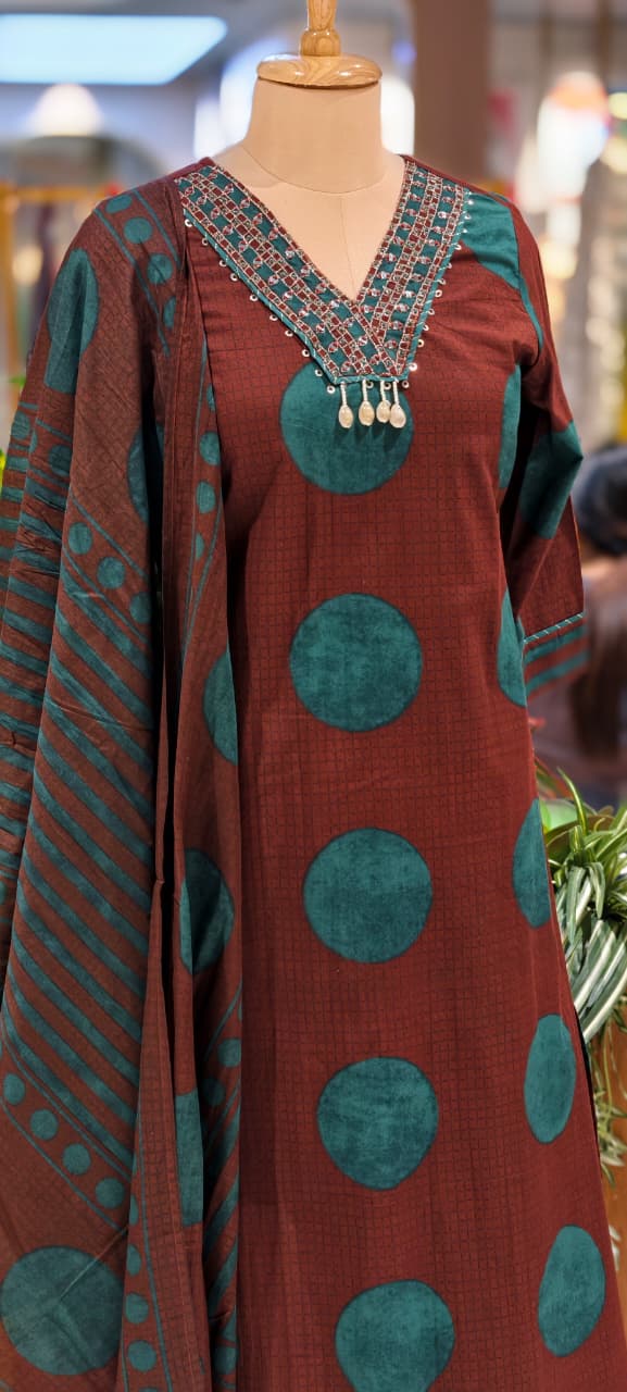 Beautiful Neck Line Coin Tassels Rounded Print Cotton Full Suit Set With Dupatta- 13482