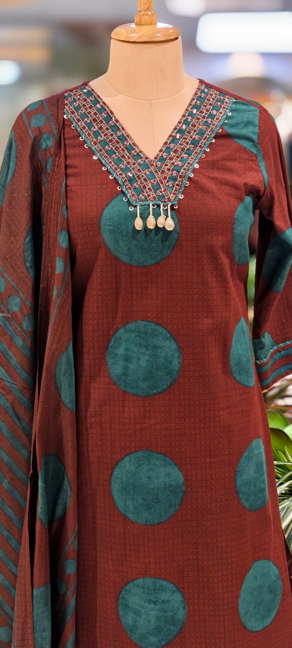 Beautiful Neck Line Coin Tassels Rounded Print Cotton Full Suit Set With Dupatta- 13482