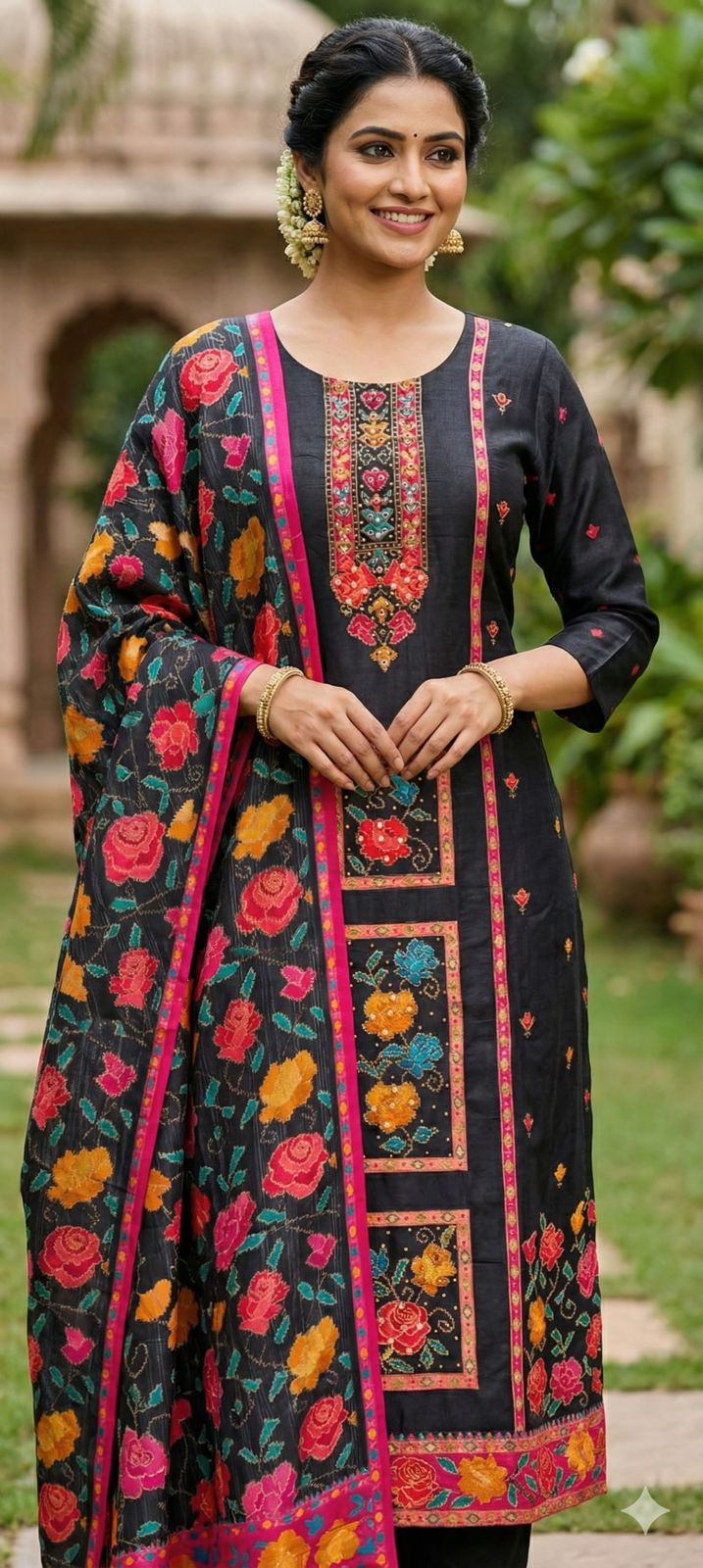 Midnight Bloom Intricate Multicolor Detailing Full Suit Set With Dupatta In Dola Silk Fabric- 13429