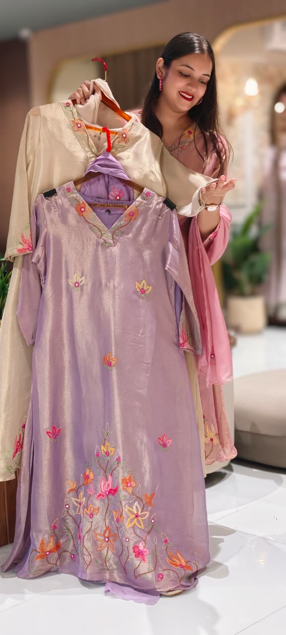 Grand Floral Katha Stich Thread Embroidery A-Line Full Suit Set With Dupatta In Tissue Fabric- 13451