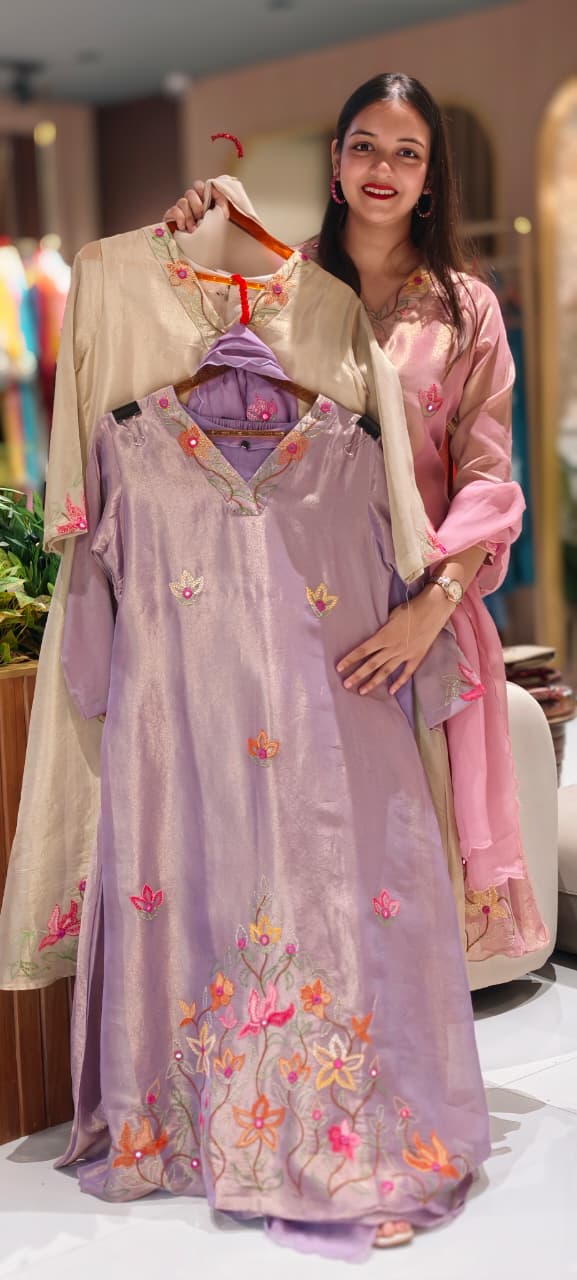 Grand Floral Katha Stich Thread Embroidery A-Line Full Suit Set With Dupatta In Tissue Fabric- 13451