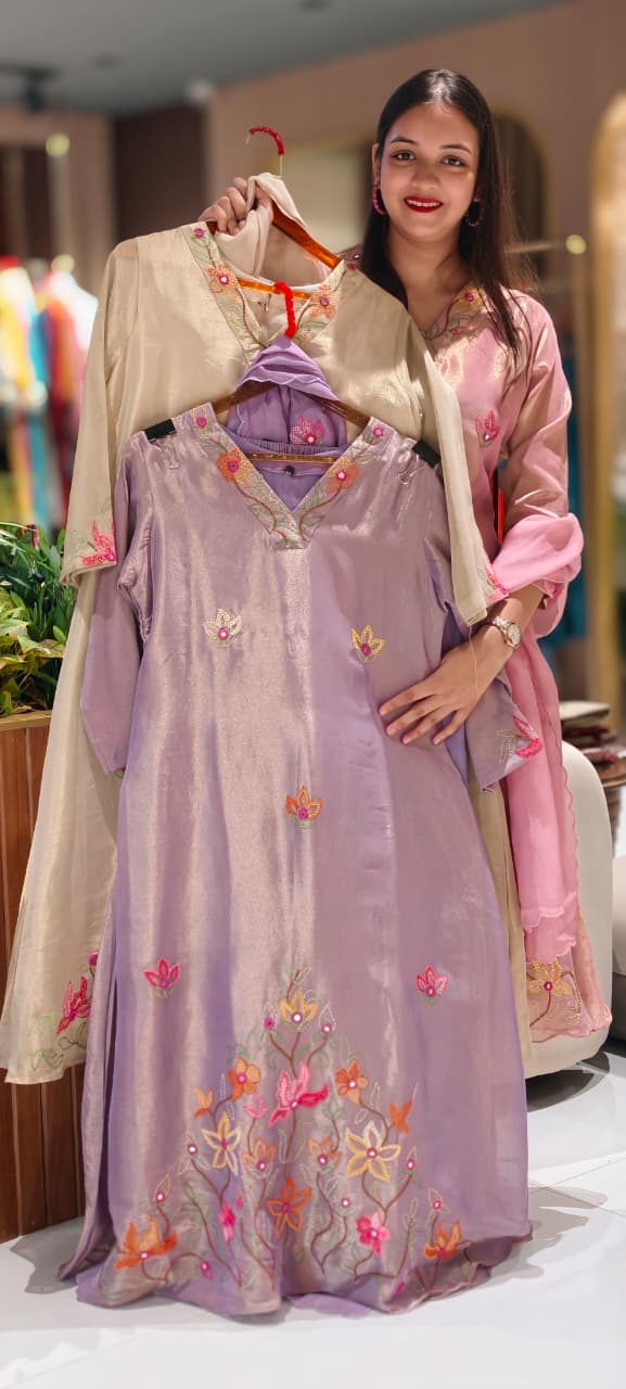 Grand Floral Katha Stich Thread Embroidery A-Line Full Suit Set With Dupatta In Tissue Fabric- 13451