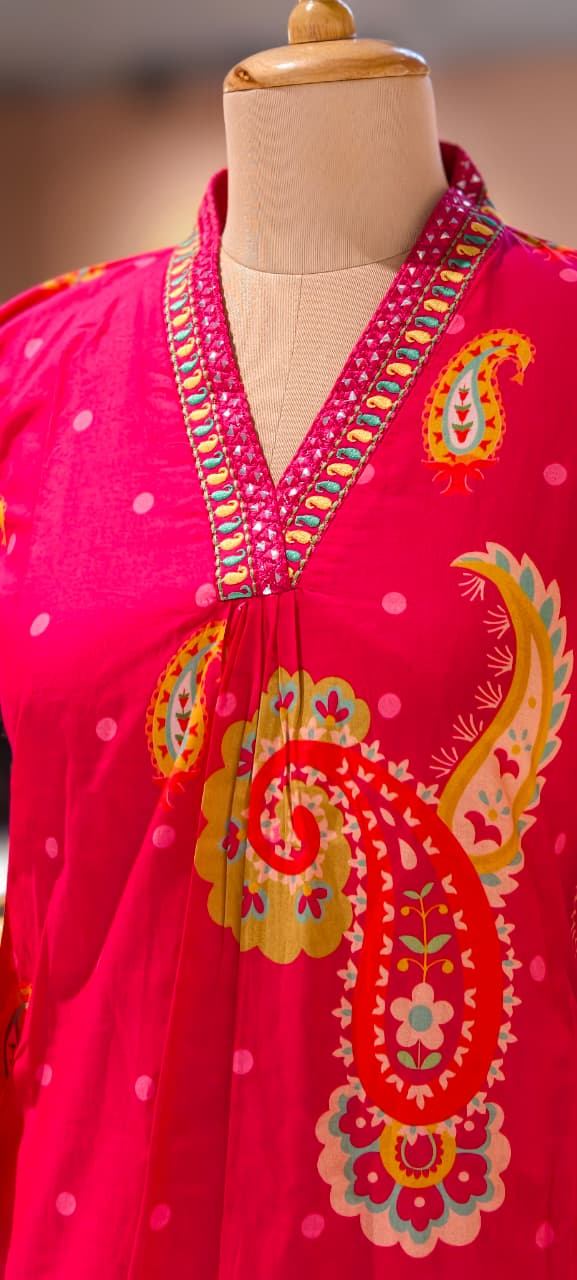 Printed Paisley Minimal Neck Embroidery A-Line Kurta Pant Set In Cotton Fabric- 13562