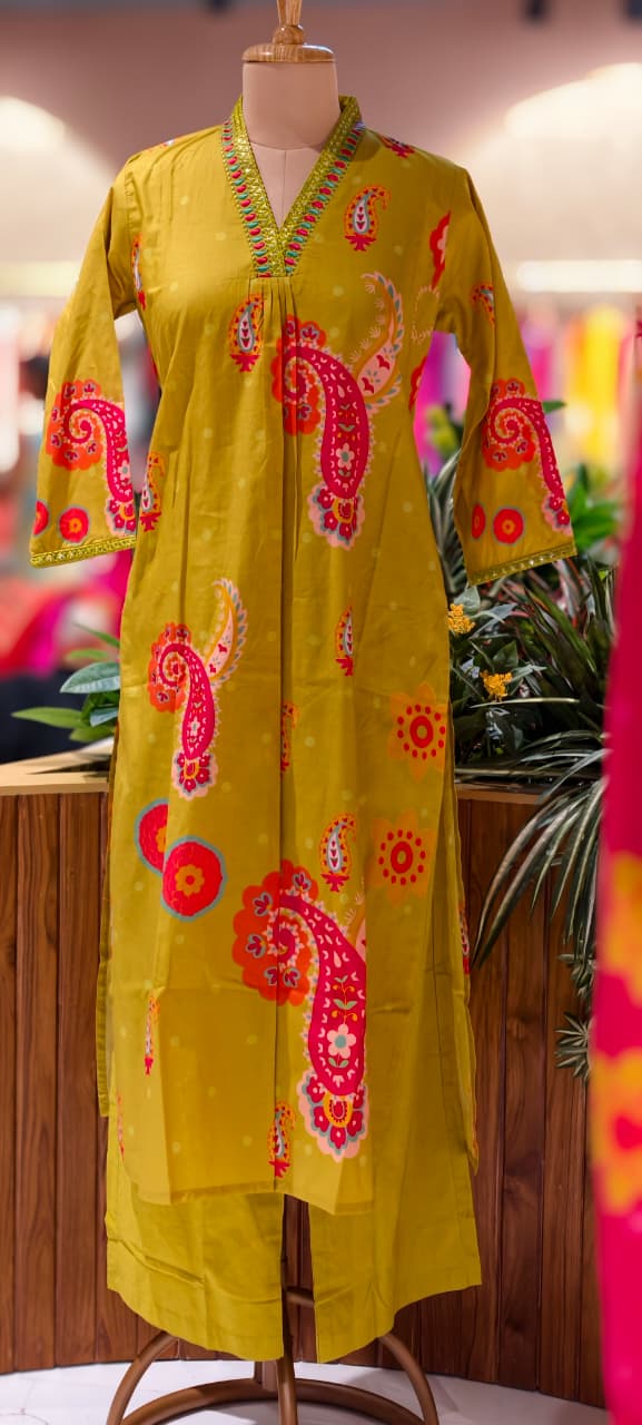 Printed Paisley Minimal Neck Embroidery A-Line Kurta Pant Set In Cotton Fabric- 13562