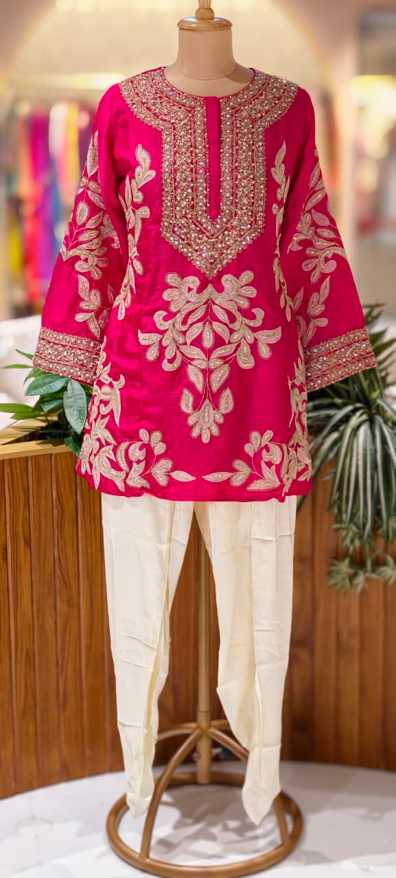 Designer Elegant Embroidery Work Bright Kurta With Tulip Pant Set- 13576